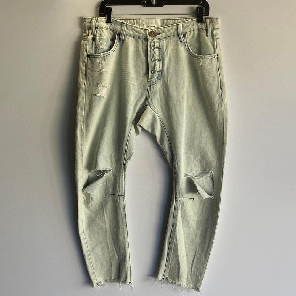 One Teaspoon Women’s Light Blue/Pale Emerald Green Distressed Skinny Jeans